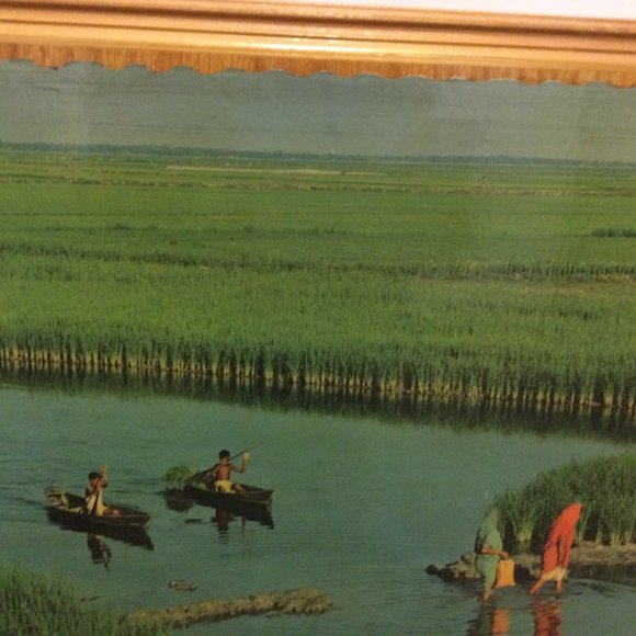 Solid Wood framed landscape print on board wall hanging grassland river boating - Picture 4 of 10